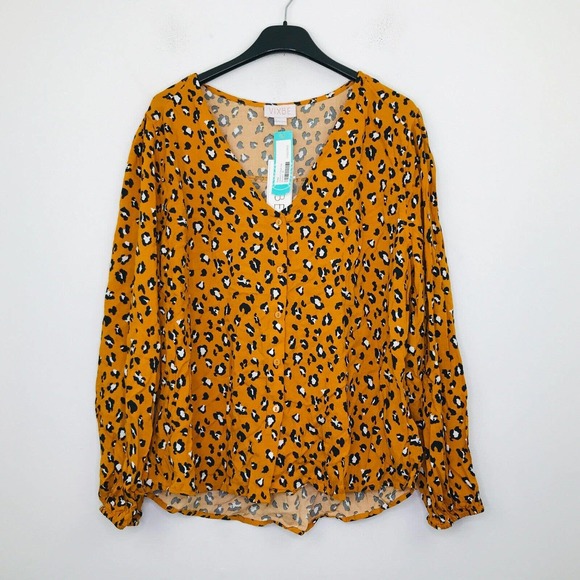 Vixbe Women's XL Blouse Orange Catalen V-Neck Leopard Button Up NWT Flaw O6 - Picture 1 of 7